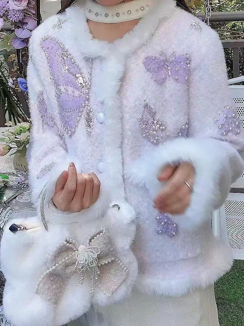 Wool Coat Peacoat - سترة كارديجان فاخرة مزينة باللؤلؤ والخرز،
